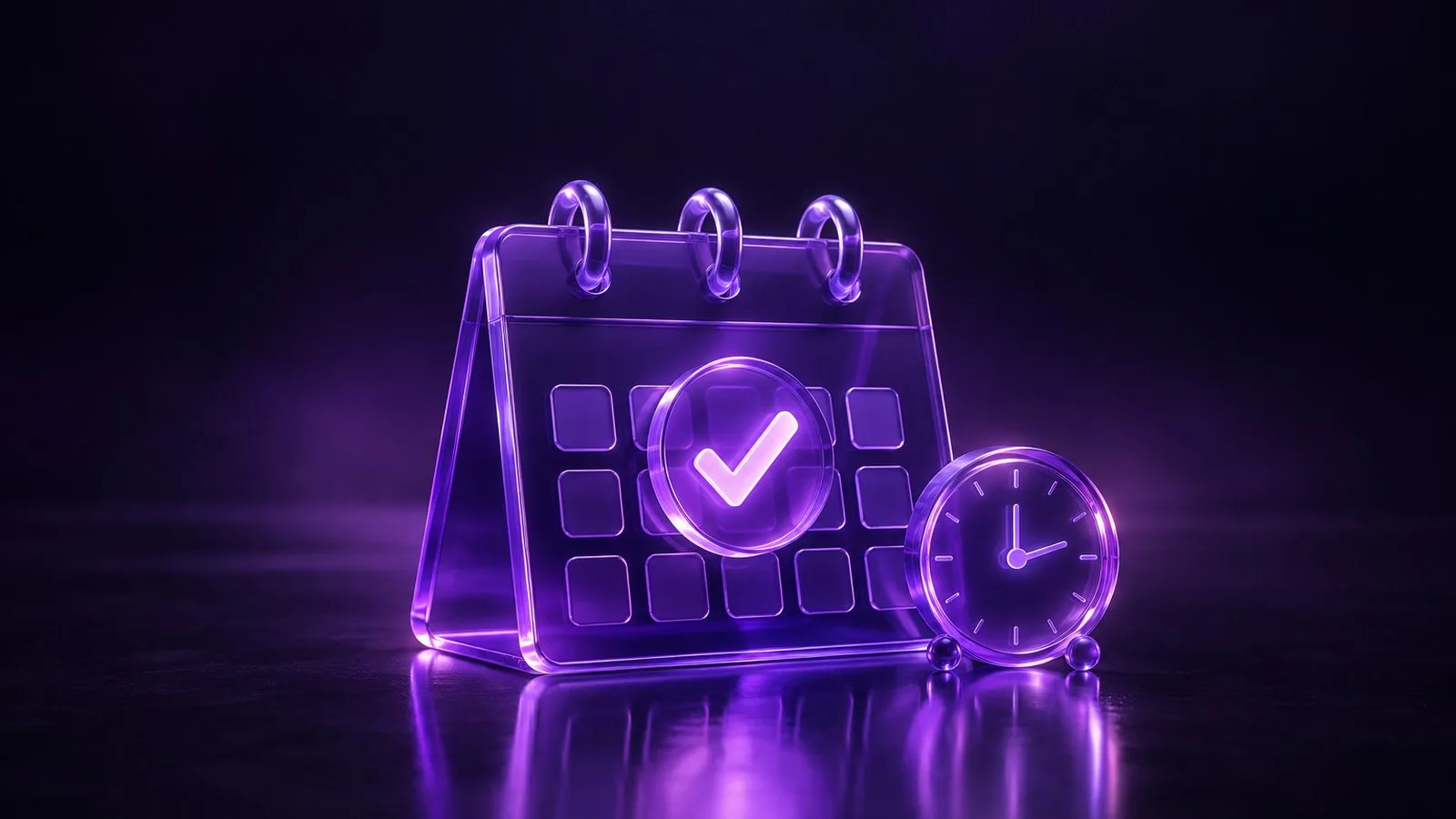 Calendário de vidro violeta em 3D sobre fundo escuro, com um selo de verificação no centro e um pequeno relógio ao lado