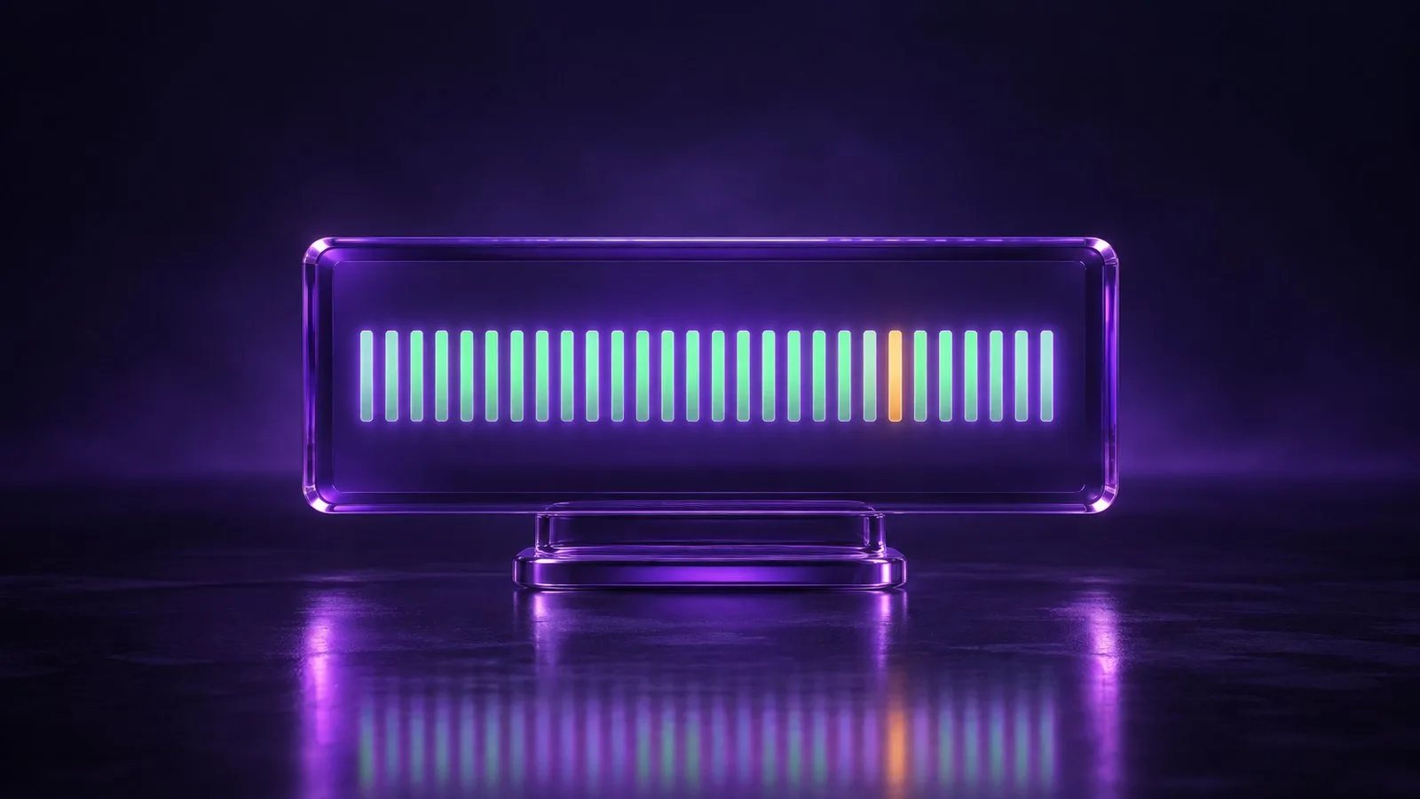 Painel de vidro violeta em 3D sobre fundo escuro, com uma sequência de barras verticais de disponibilidade iluminadas